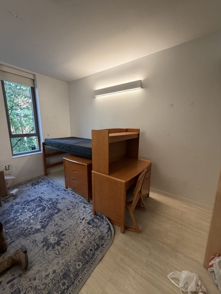 A small, tidy dorm room with a raised twin bed, a wooden desk with shelves, a wooden chair, and a blue patterned rug—perfect for easy college move out organization. A window frames green trees, and a modern wall light glows above the desk.